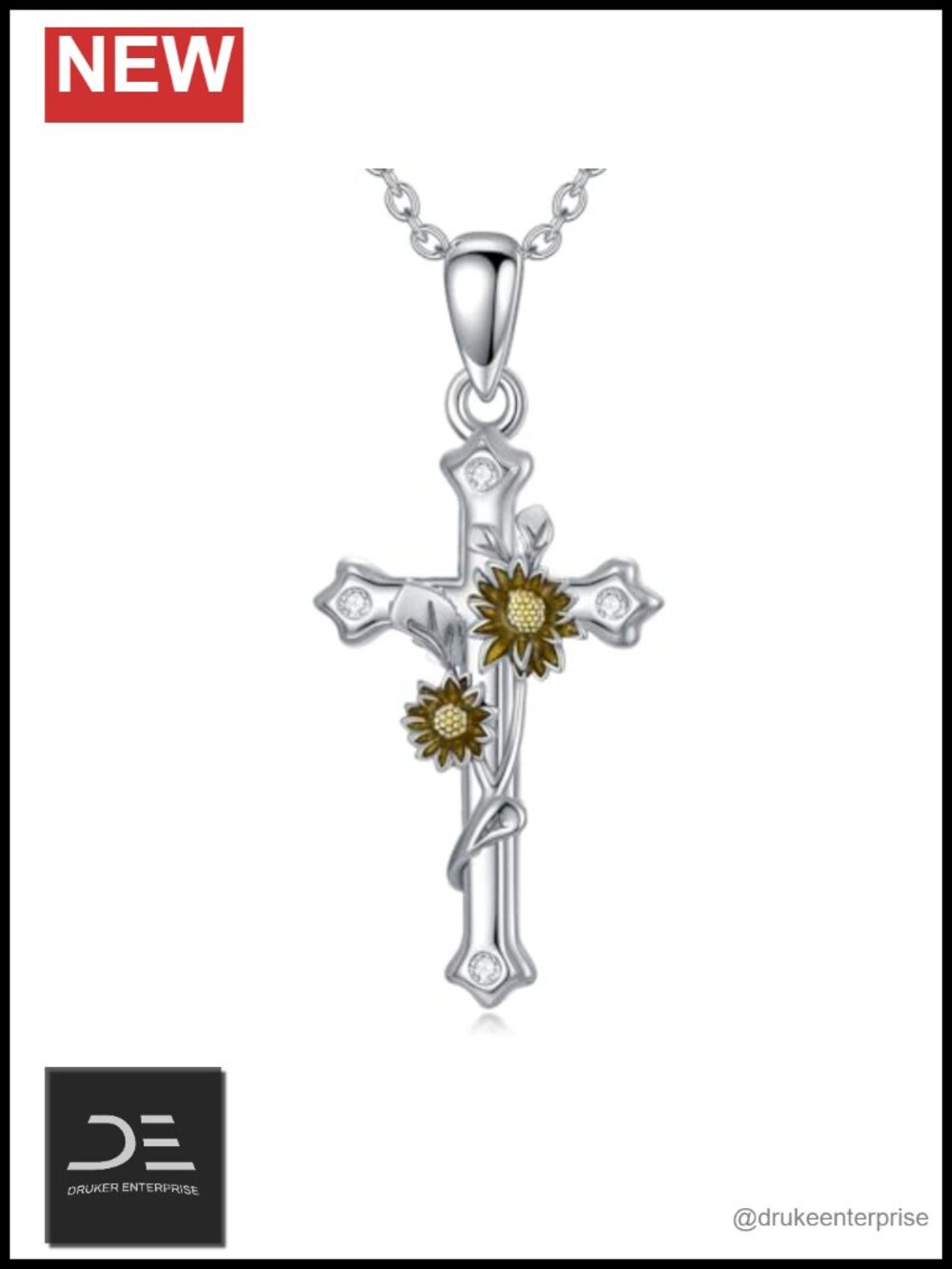 Sterling Silver Flower Cross Necklace Lab Grown Diamond 18+2in
